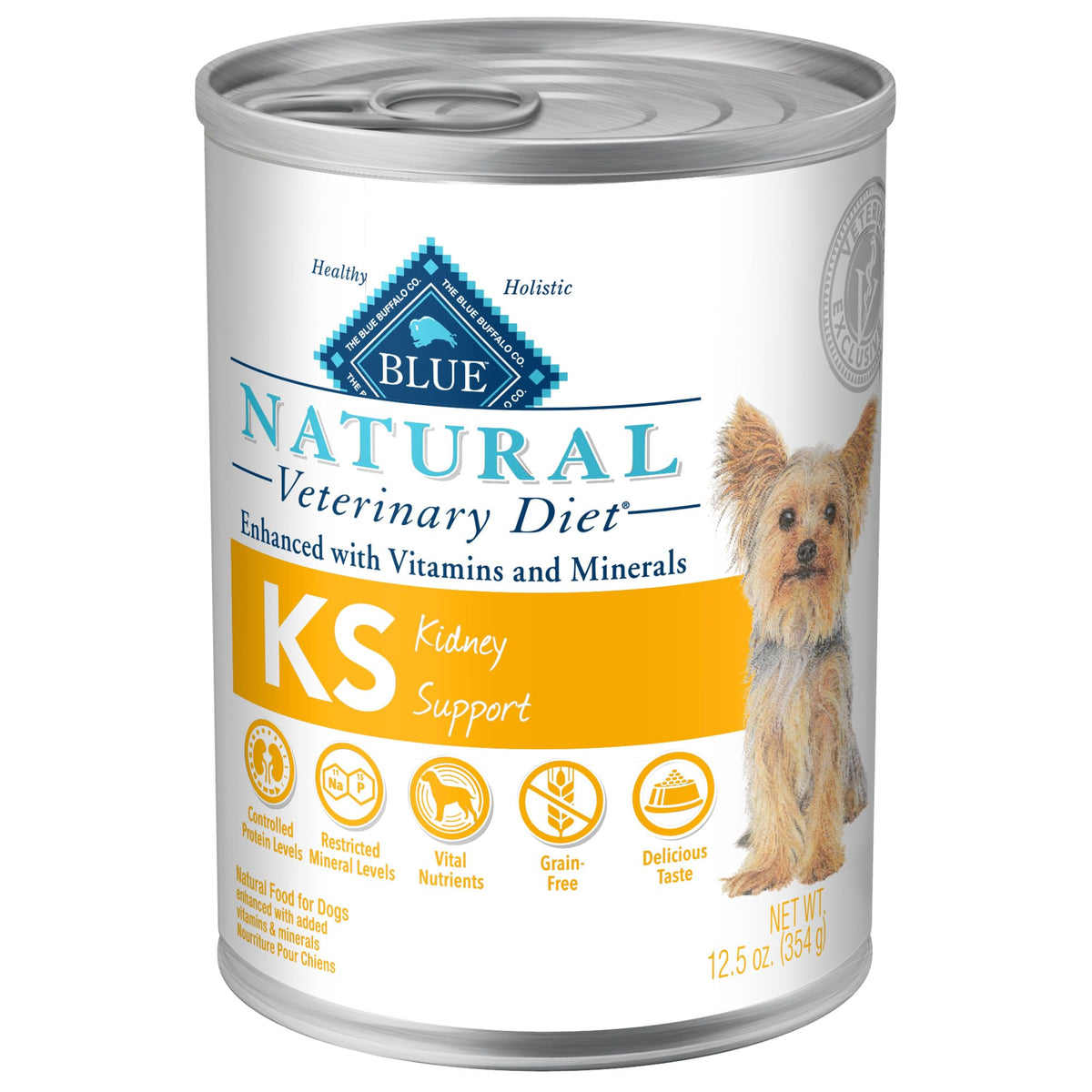 Blue Buffalo KS kidney-support wet dog food can, protein-rich base for healthier daily meals.