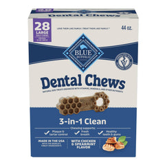 Blue Buffalo Large Dental Chews box front shows chicken and spearmint flavor.