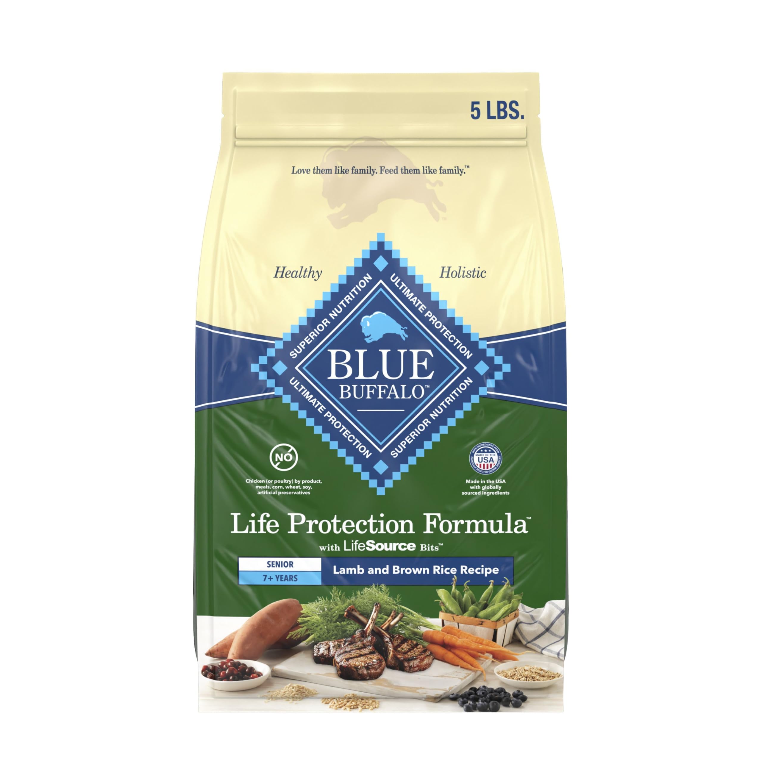 Blue Buffalo Life Protection 5lb bag front view highlighting real lamb recipe