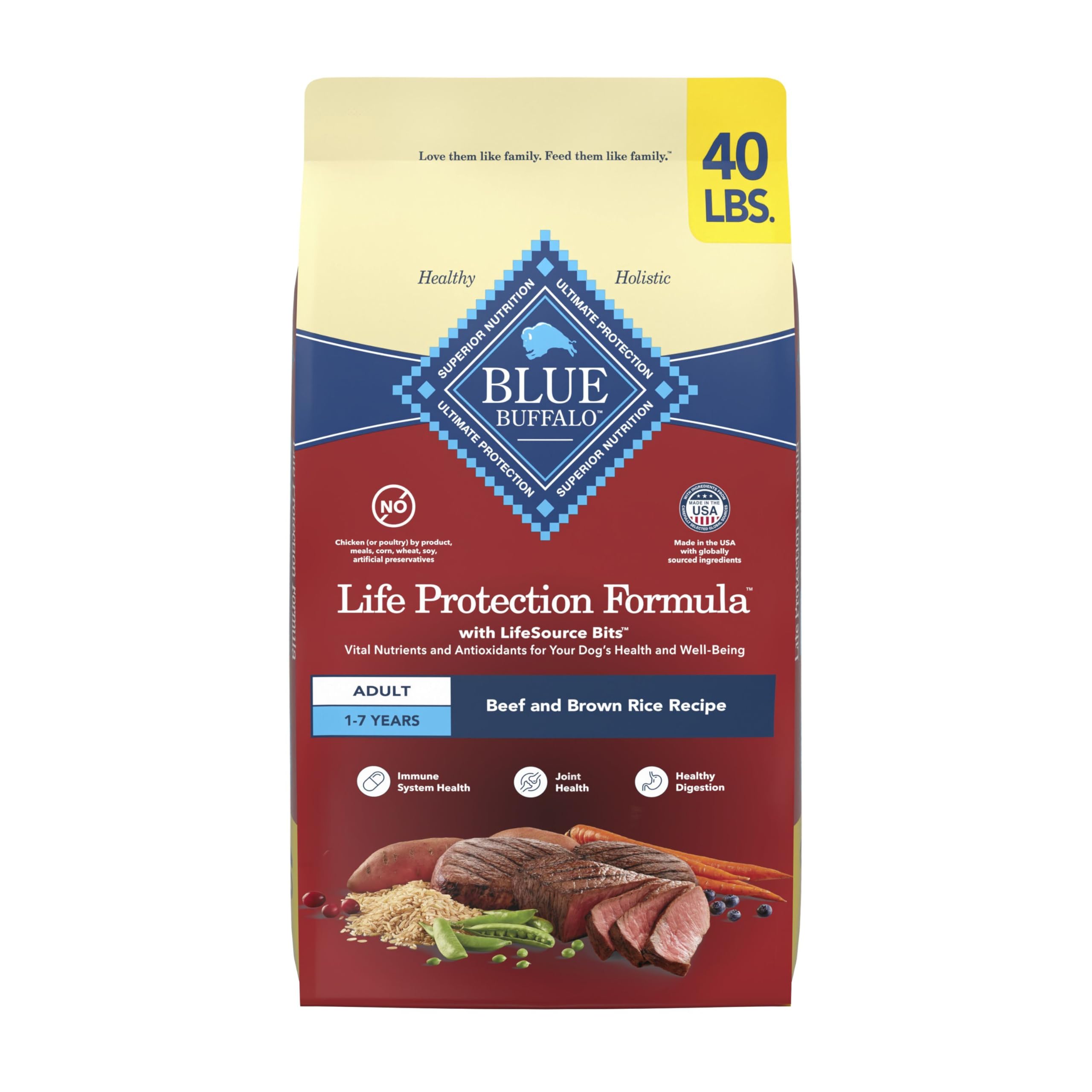 Blue Buffalo Life Protection Formula beef and brown rice dry dog food bag for adults.