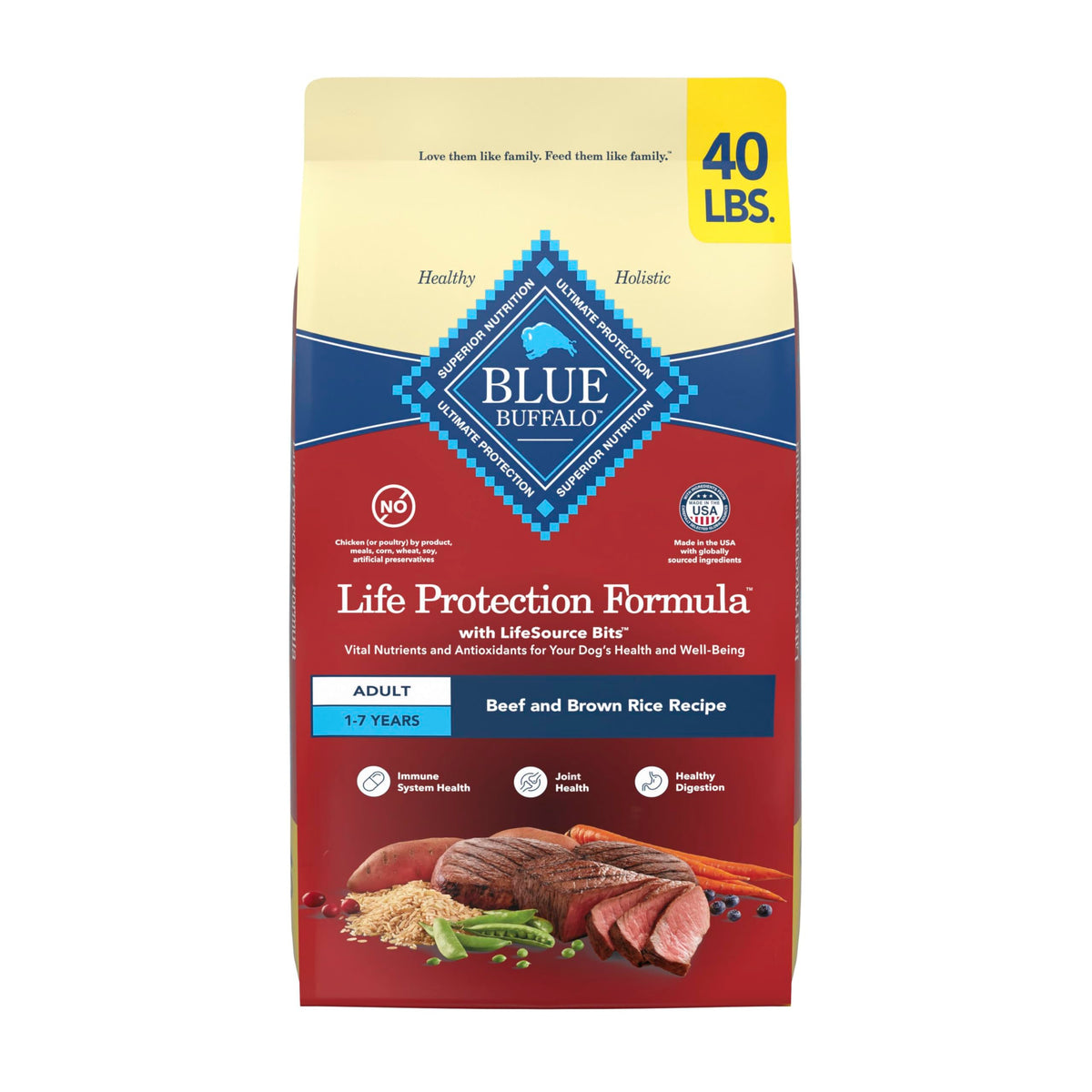 Blue Buffalo Life Protection Formula beef and brown rice dry dog food bag for adults.