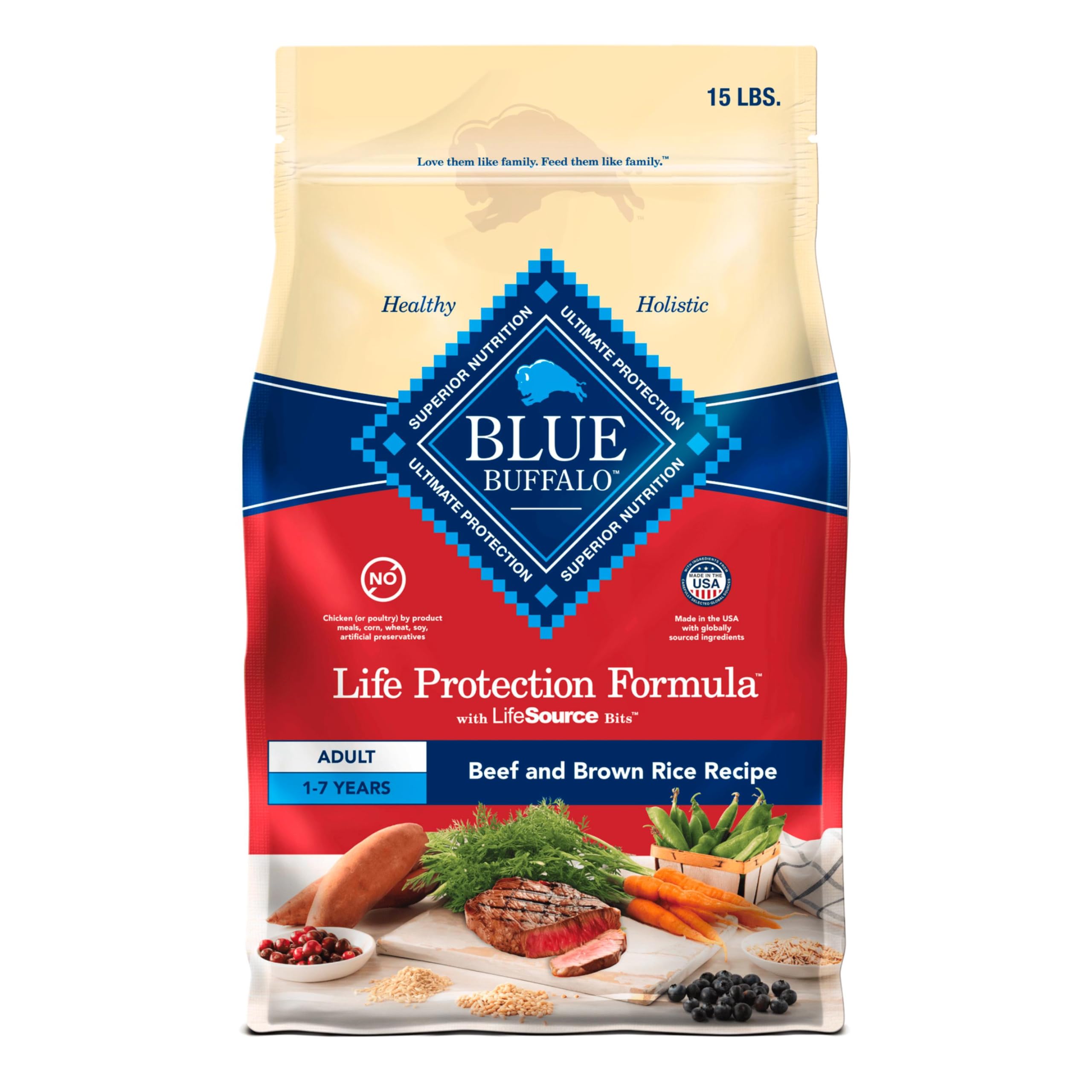 Blue Buffalo Life Protection Formula beef and brown rice in a 15-lb bag for balanced adult nutrition.