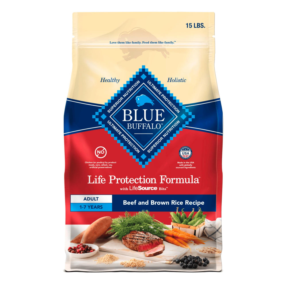 Blue Buffalo Life Protection Formula beef and brown rice in a 15-lb bag for balanced adult nutrition.