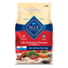 Blue Buffalo Life Protection Formula beef and brown rice in a 15-lb bag for balanced adult nutrition.