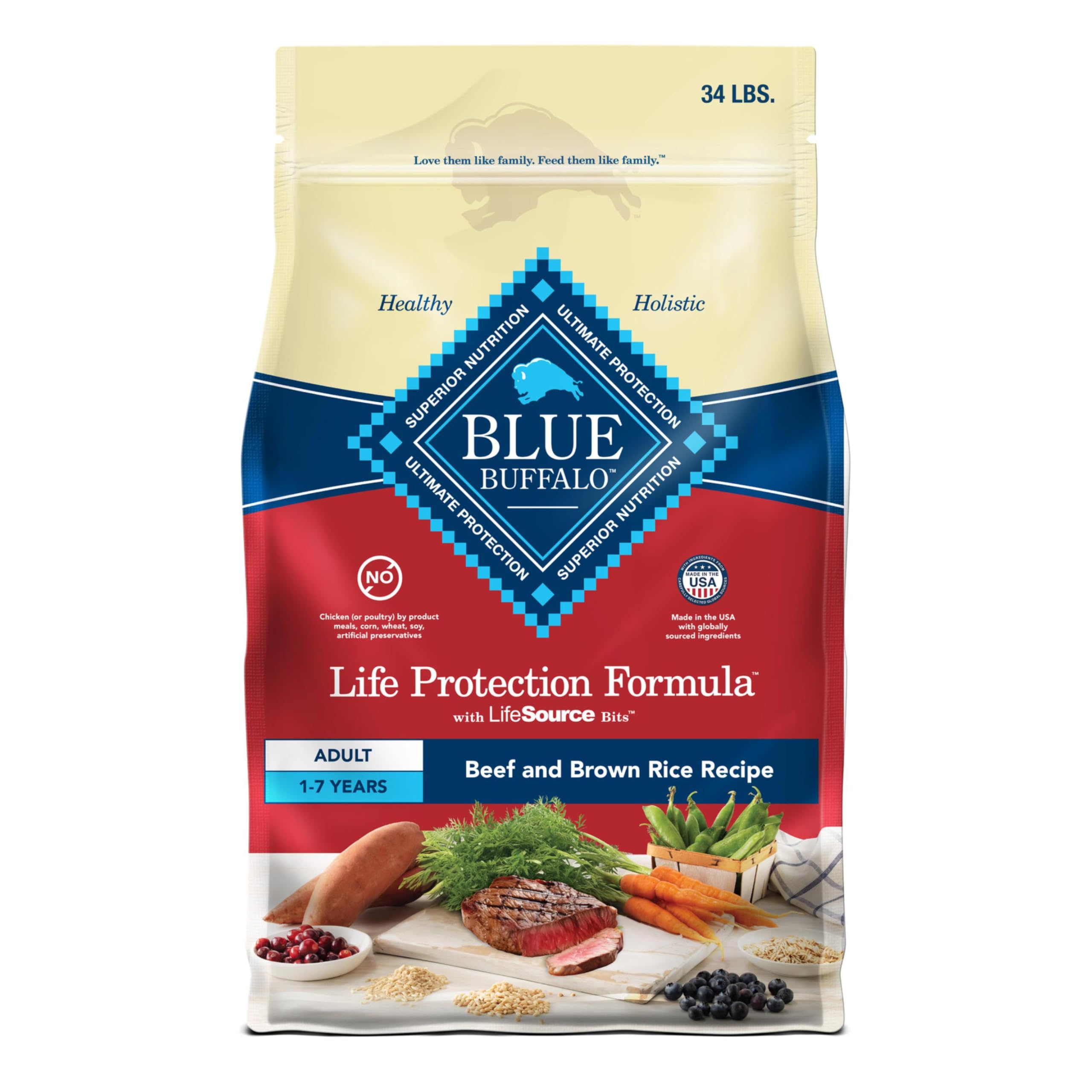 Blue Buffalo Life Protection kibble with beef and brown rice supports muscles.