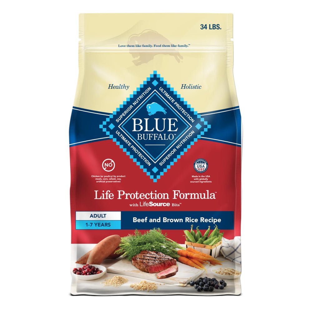 Blue Buffalo Life Protection kibble with beef and brown rice supports muscles.
