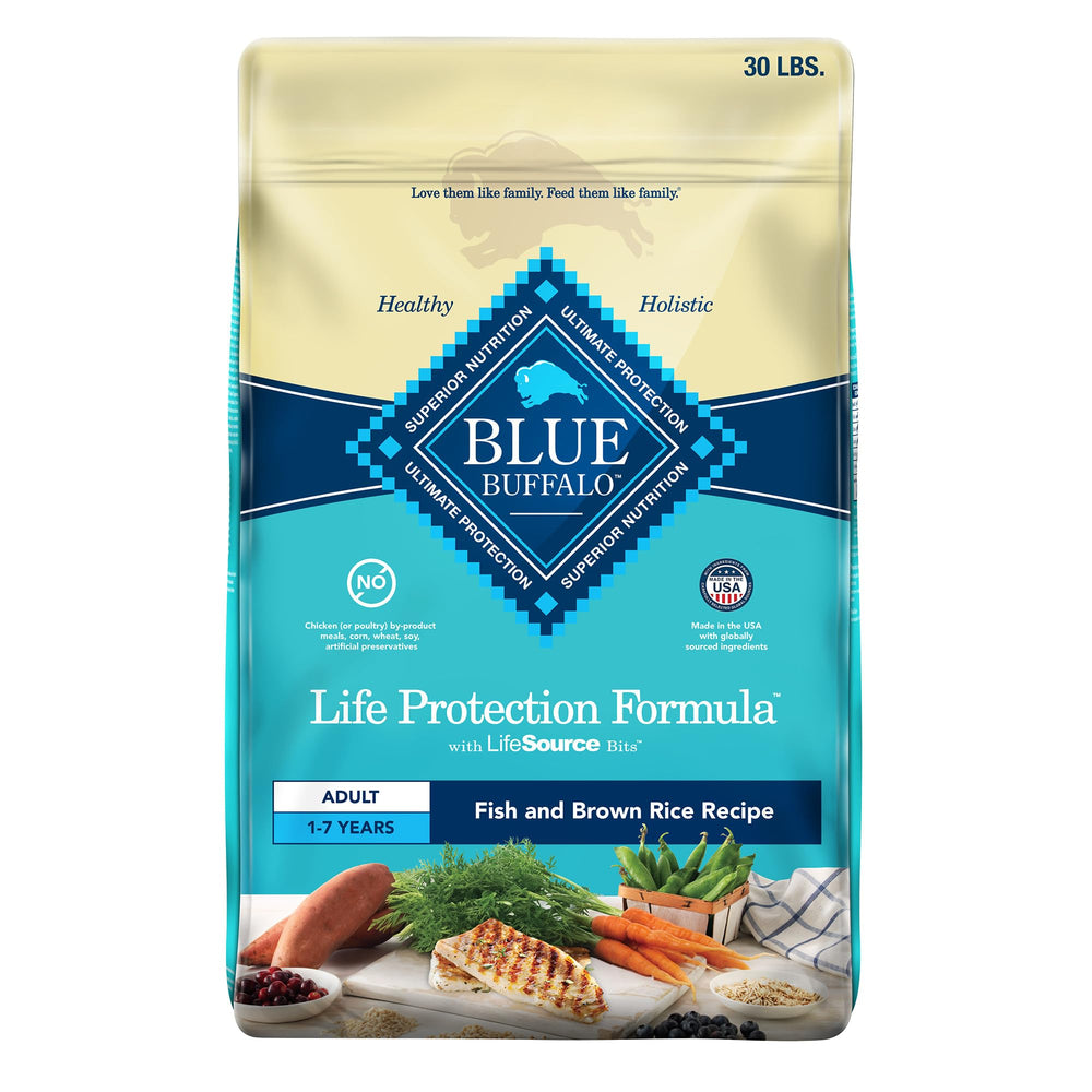 Blue Buffalo Life Protection 30-lb bag shows real whitefish first for a balanced diet.