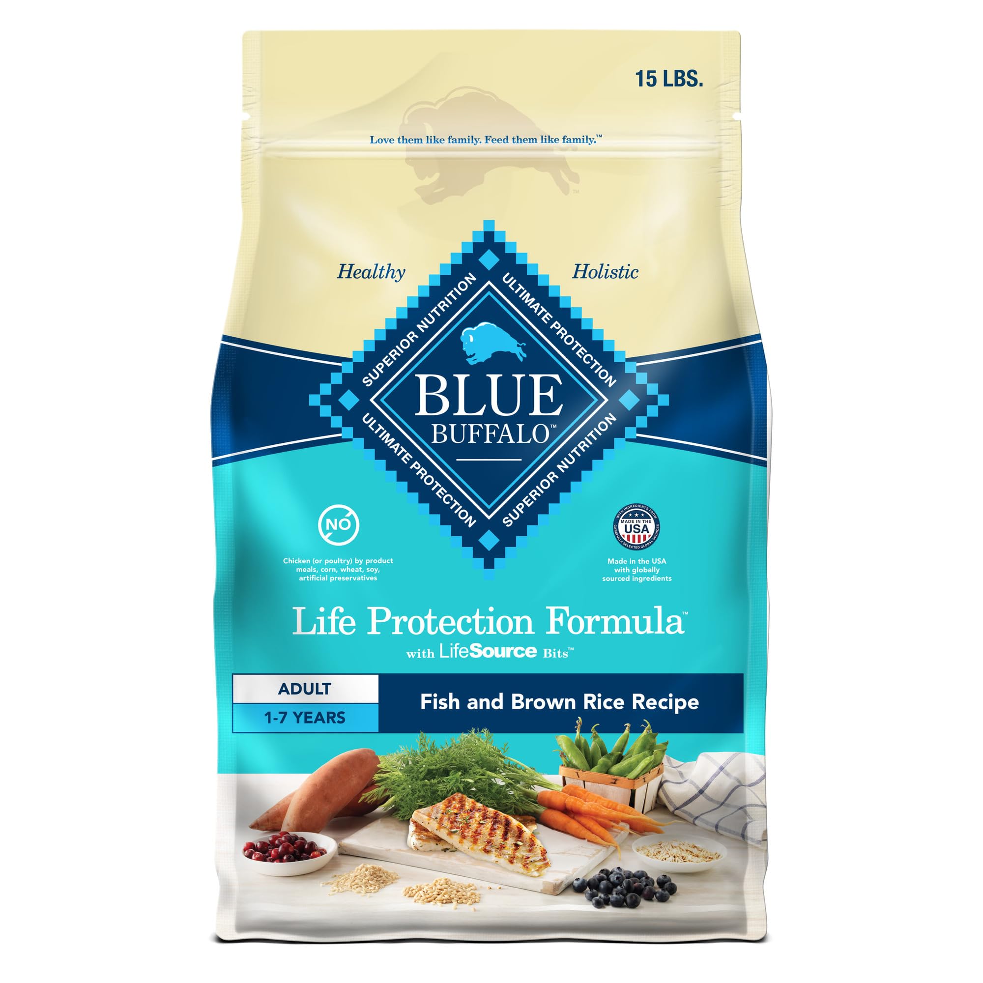 Blue Buffalo Life Protection Fish-First bowl highlights real whitefish for balanced nutrition.