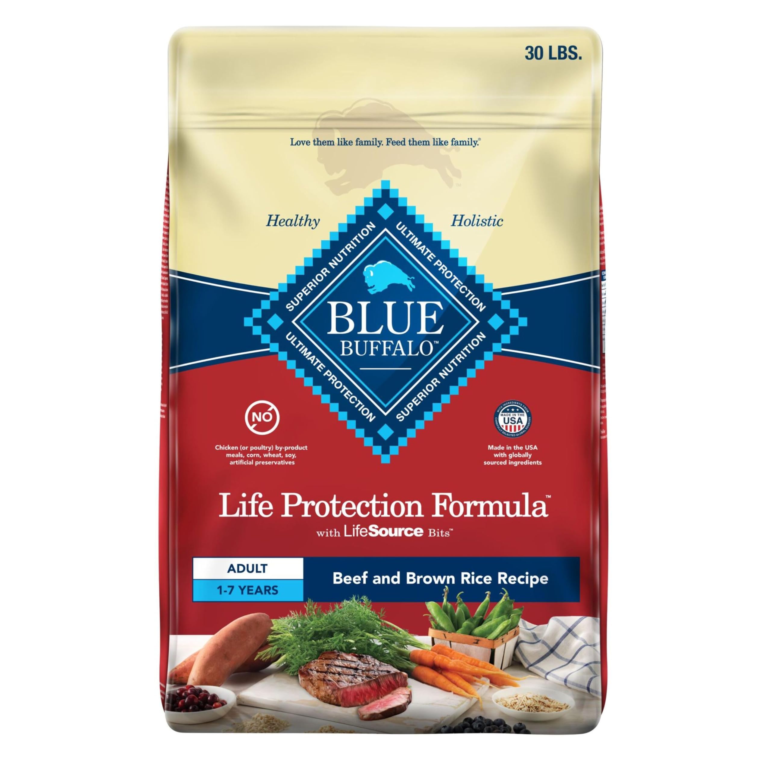 Blue Buffalo Life Protection Formula 30-lb bag showing beef and brown rice.