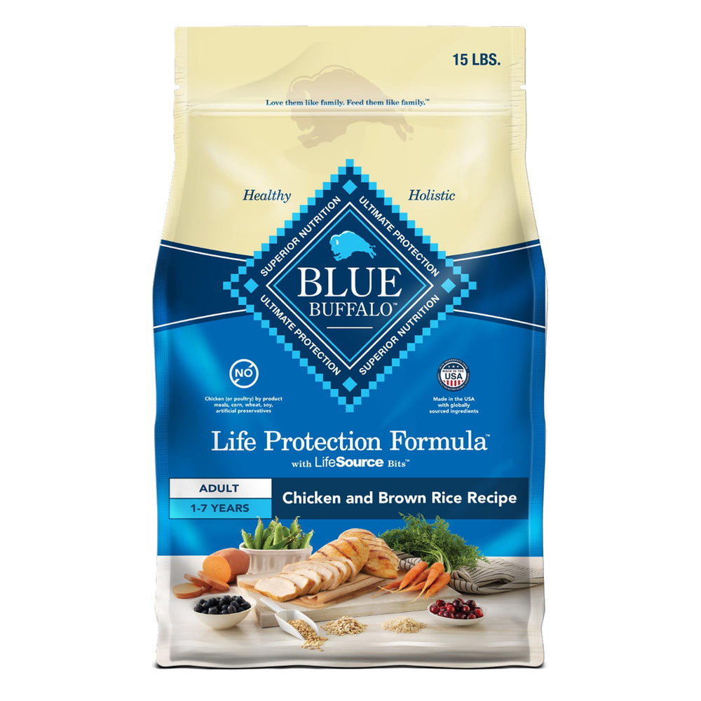 Blue Buffalo Life Protection Formula 15-lb bag front showing premium packaging