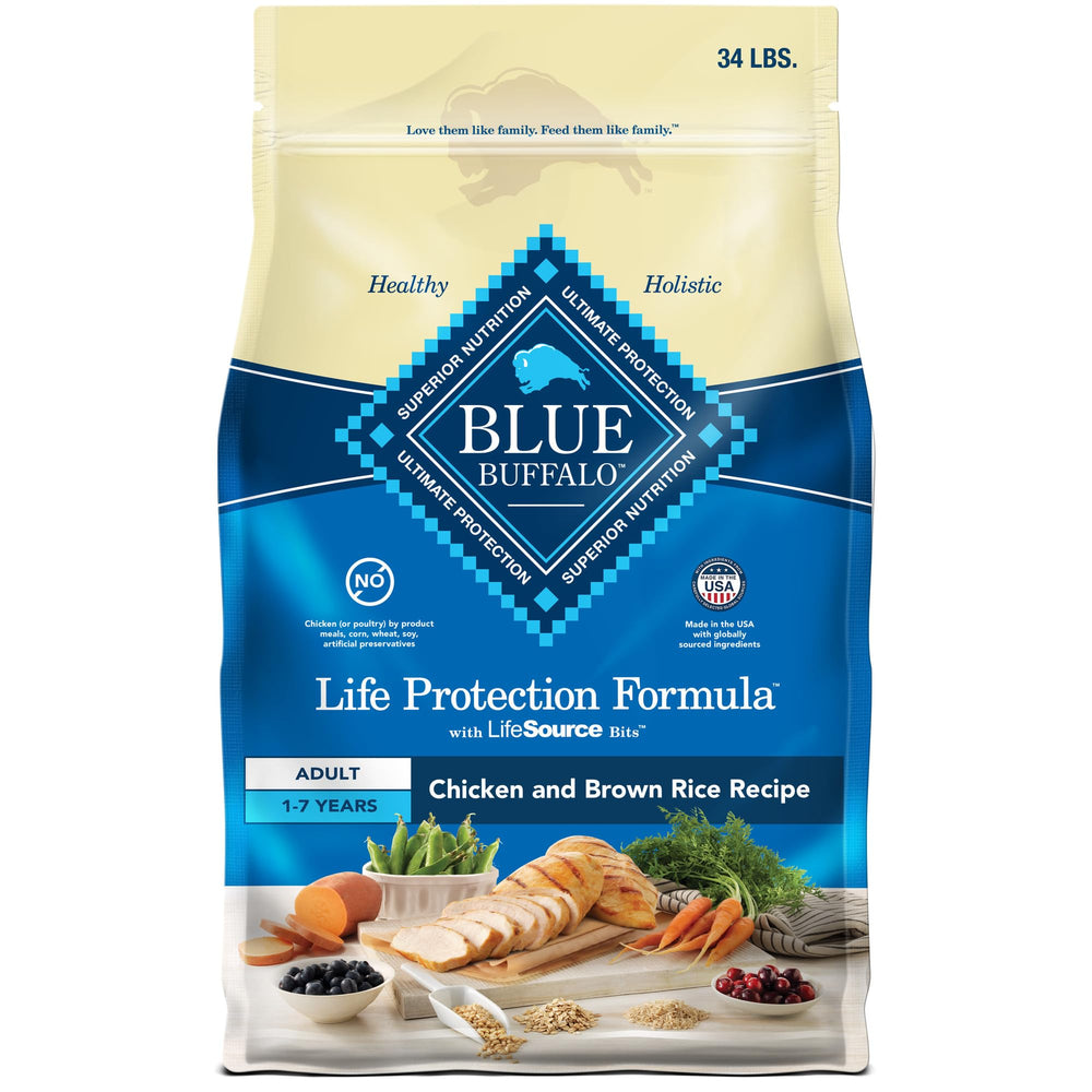 Blue Buffalo Life Protection Formula bag-front highlighting real chicken first ingredient for adult dogs