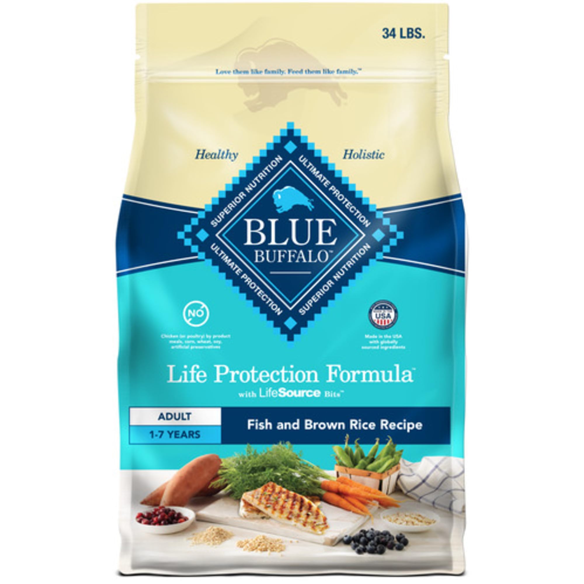 Blue Buffalo Life Protection Formula dog food bag shows real fish first for strong muscles