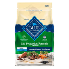 Blue Buffalo Life Protection Formula dry dog food bag with balanced nutrition for adult dogs.