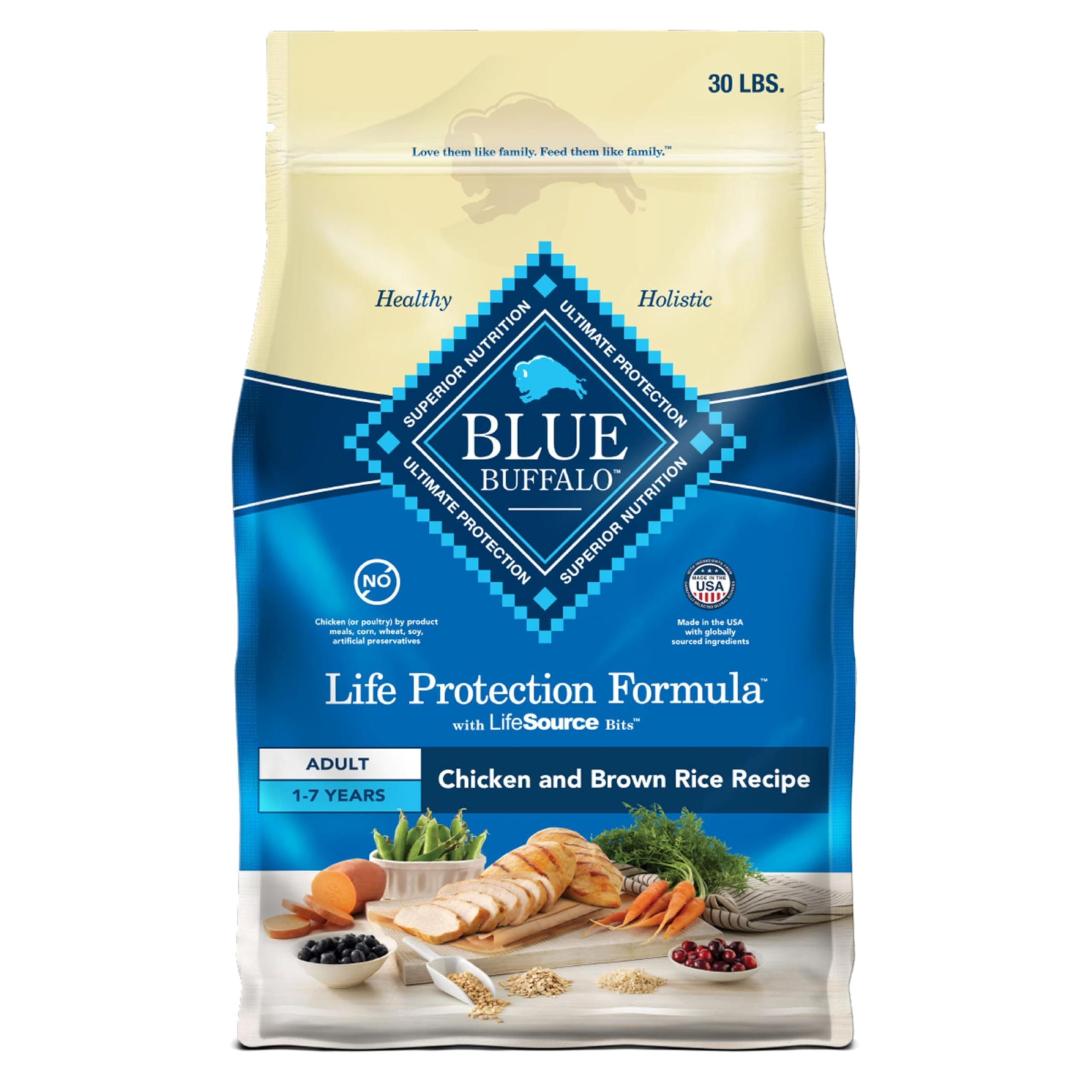 Blue Buffalo Life Protection Formula front packaging shows real chicken and brown rice balance.
