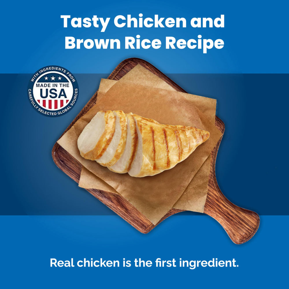 Blue Buffalo Life Protection Formula ingredient scene features chicken, brown rice, and vegetables.