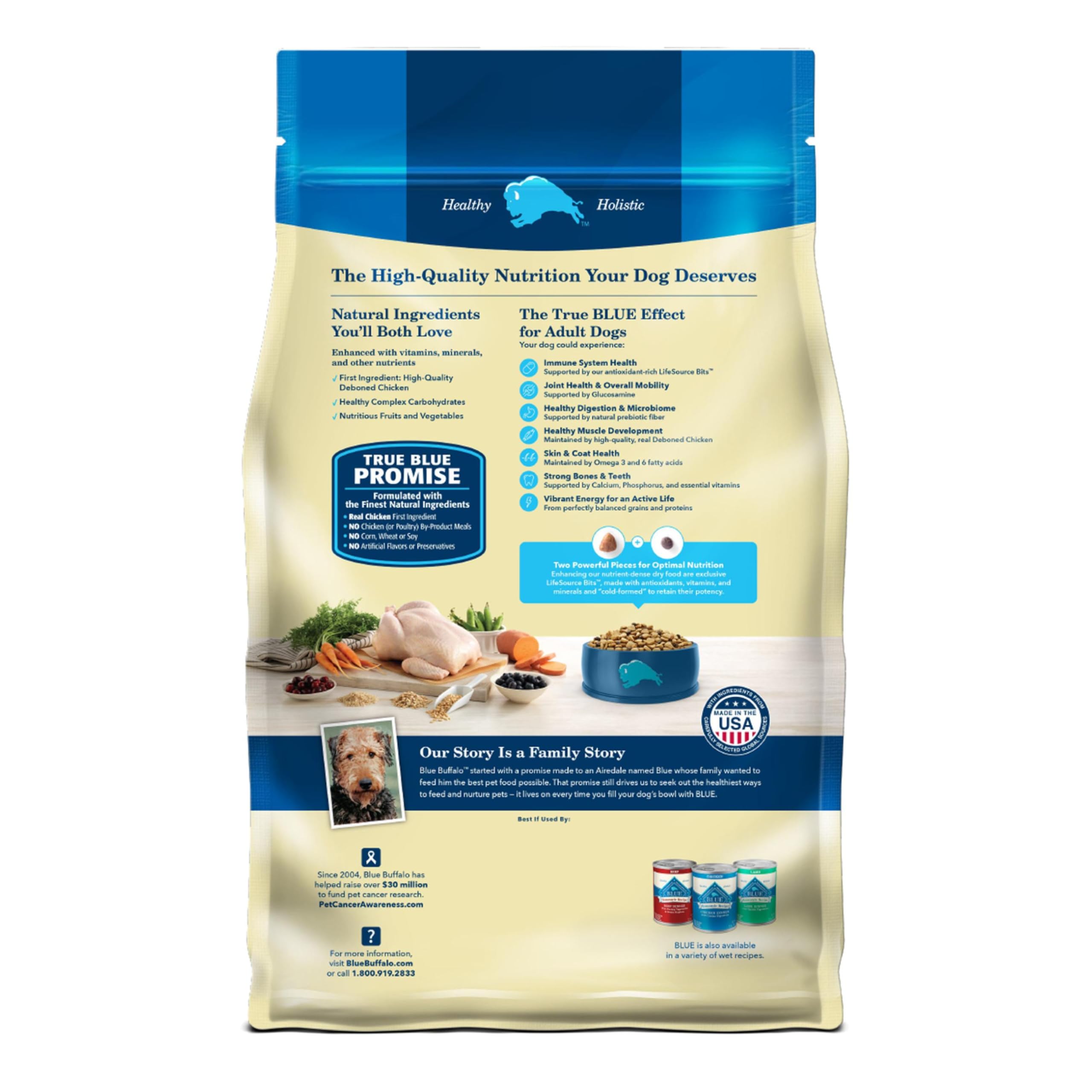 Blue Buffalo Life Protection Formula kibble close-up highlights texture for strong muscles.
