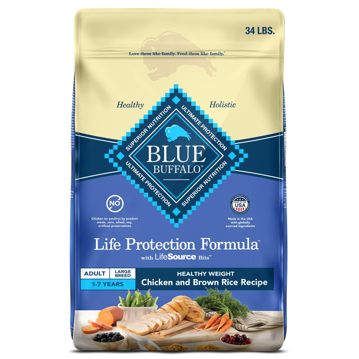 Blue Buffalo Life Protection large-breed bag highlights weight management benefits