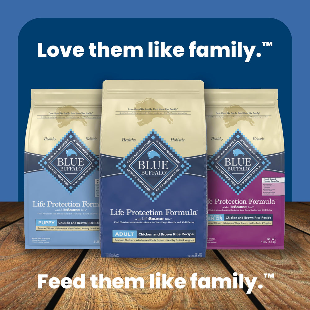Blue Buffalo Life Protection Formula nutrition facts panel emphasizes balanced protein and vitamins.