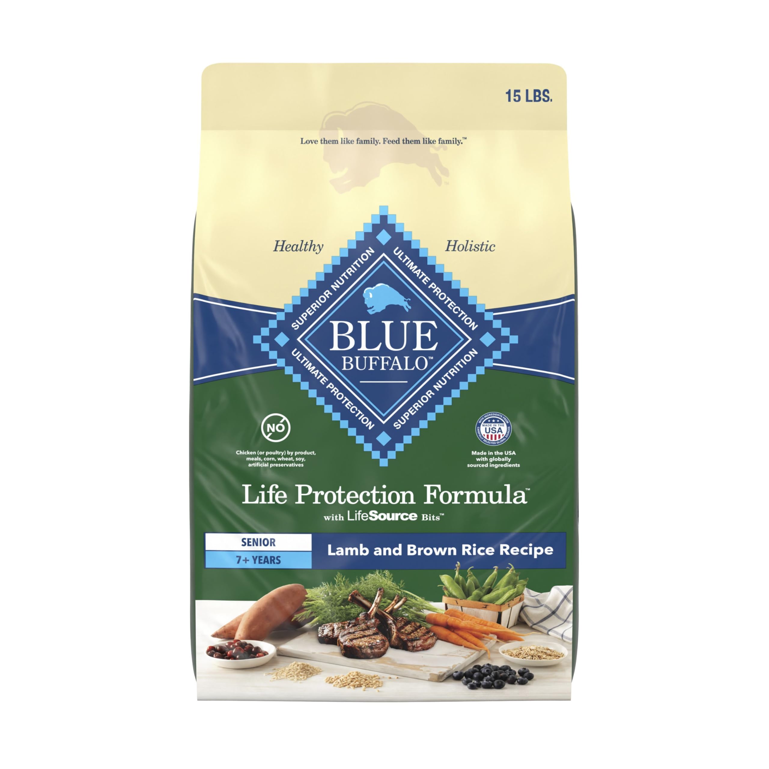 Blue Buffalo Life Protection Formula Senior 7+ bag open; kibble supports mobility and energy.