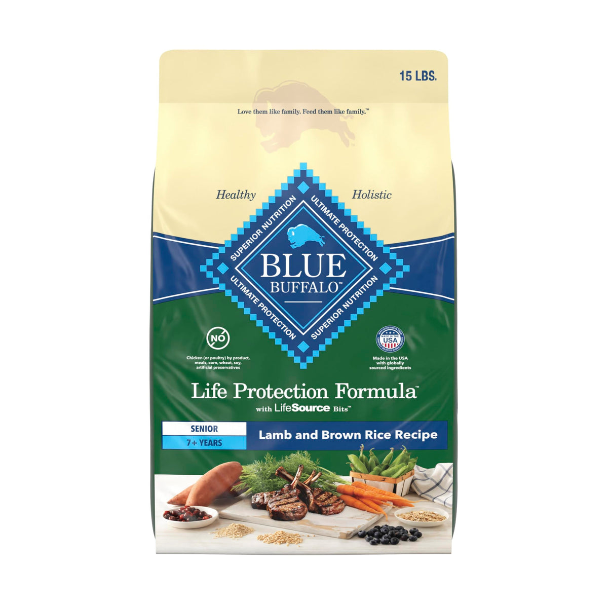 Blue Buffalo Life Protection Formula Senior 7+ bag open; kibble supports mobility and energy.