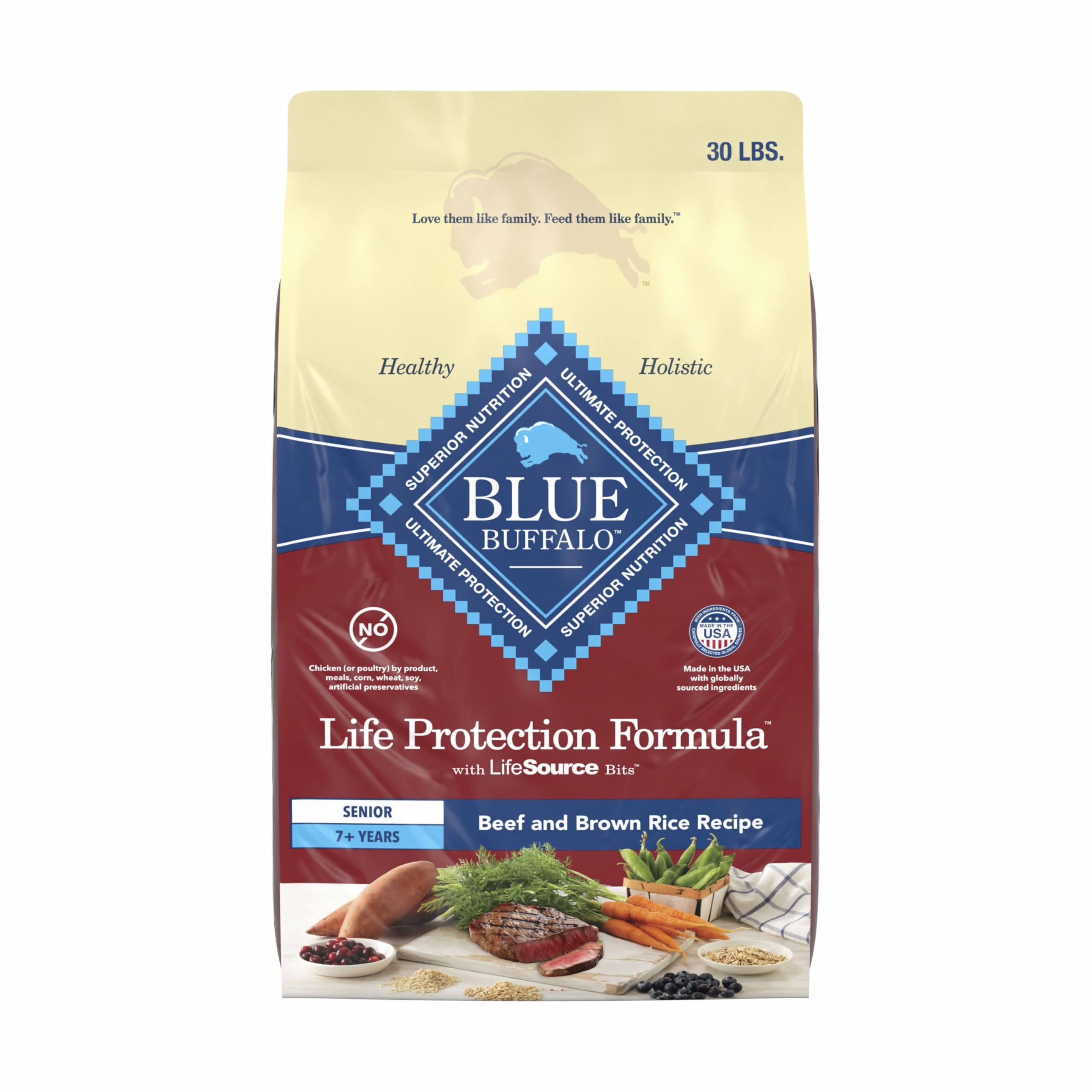 Blue Buffalo Life Protection senior 7+ dry dog food bag highlights balanced nutrition for seniors.