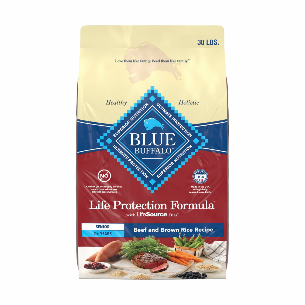 Blue Buffalo Life Protection senior 7+ dry dog food bag highlights balanced nutrition for seniors.