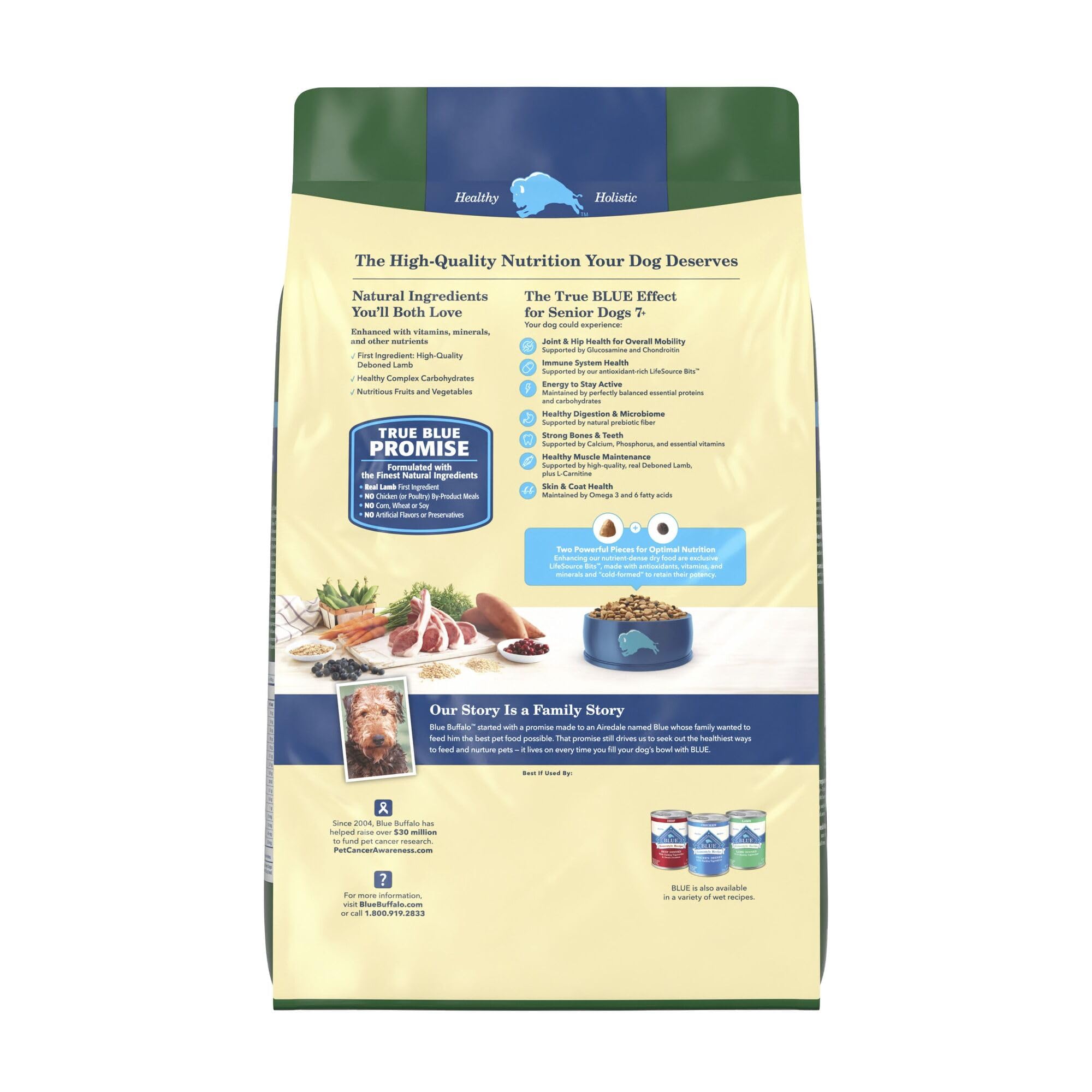 Blue Buffalo Life Protection Formula Senior 7+ kibble with deboned lamb first, high-quality protein.