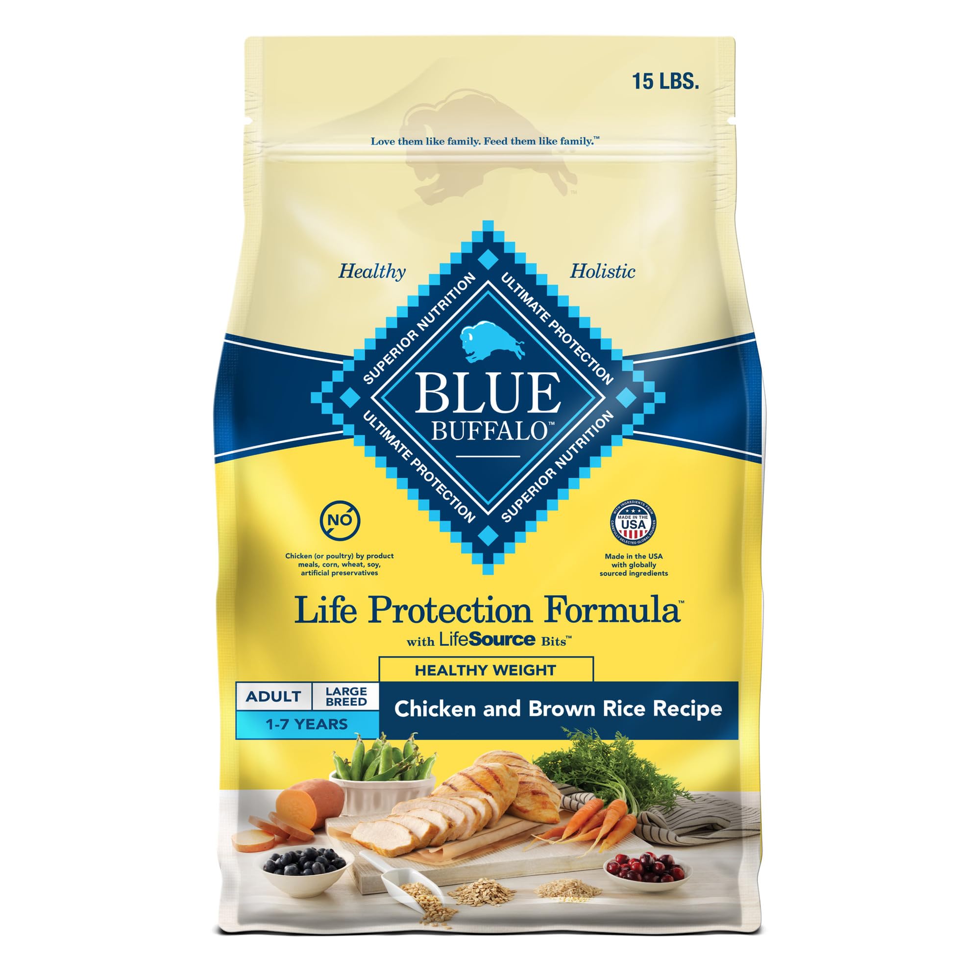 Blue Buffalo Life Protection Healthy Weight bag showing real chicken first for lean muscle support.