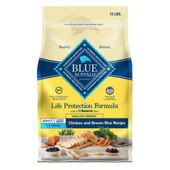 Blue Buffalo Life Protection Healthy Weight bag showing real chicken first for lean muscle support.