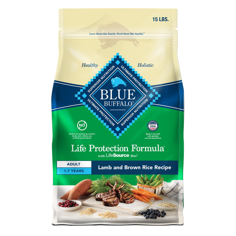 Blue Buffalo Life Protection Lamb and Brown Rice dry dog food bag showcases lamb as a primary ingredient.