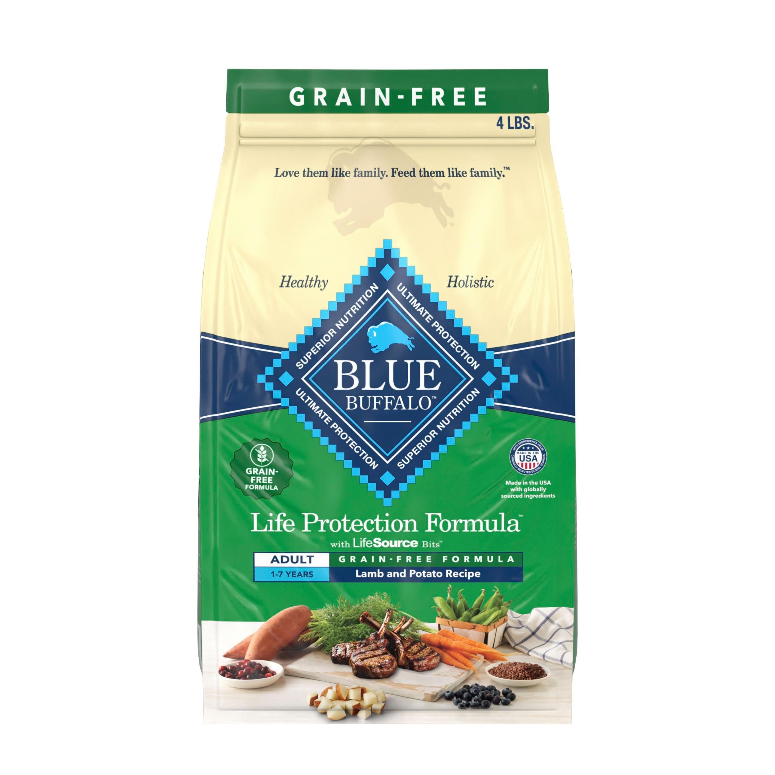 Blue Buffalo Life Protection Lamb kibble in a bowl supports energy for an active dog.