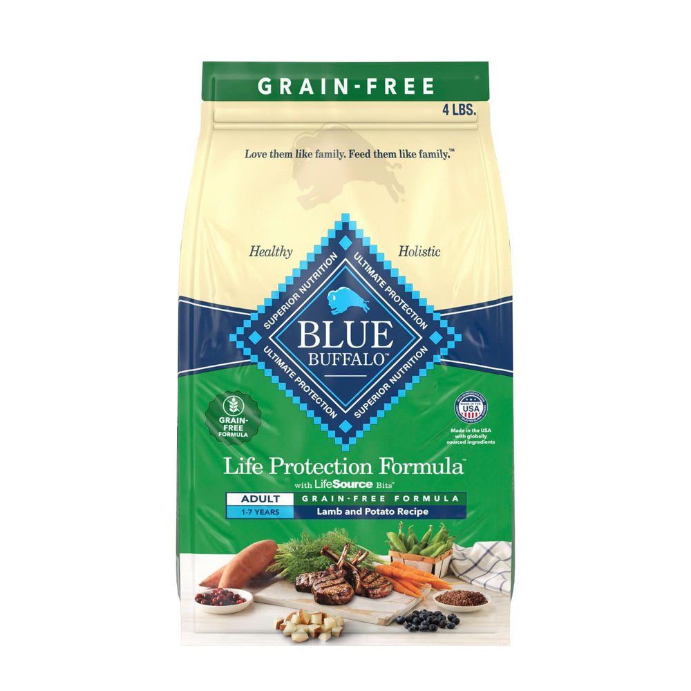 Blue Buffalo Life Protection Lamb kibble in a bowl supports energy for an active dog.