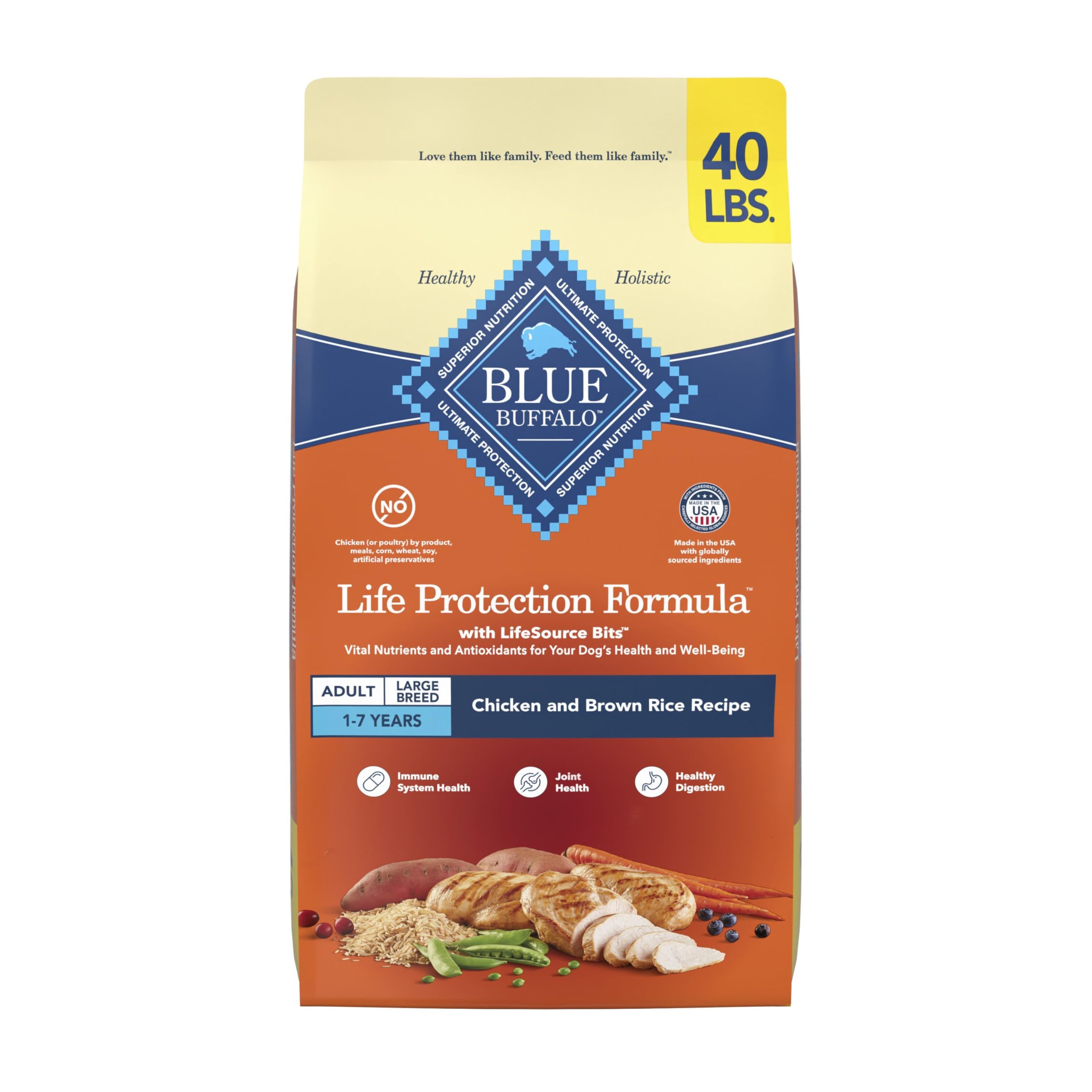 Blue Buffalo Life Protection large breed bag front view showing natural ingredients.