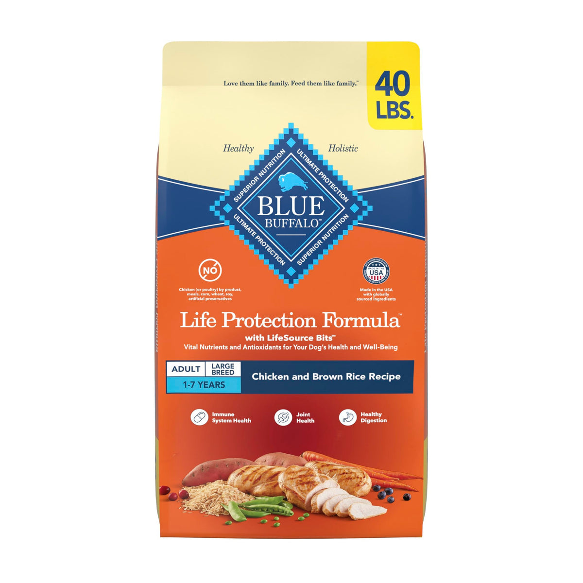 Blue Buffalo Life Protection large breed bag front view showing natural ingredients.