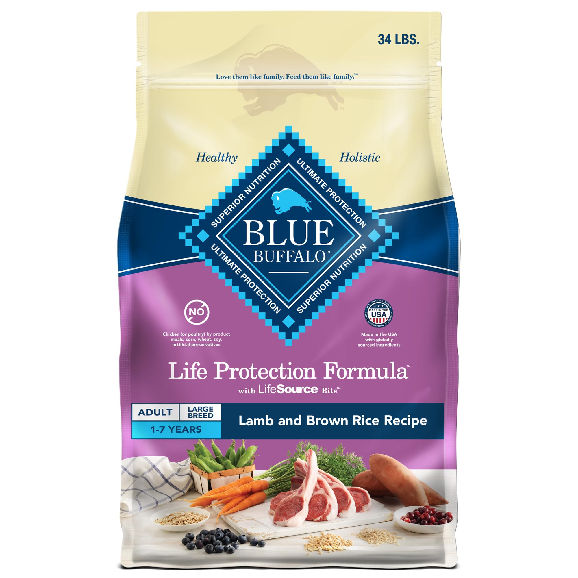 Blue Buffalo Life Protection Large Breed bag front highlights real lamb as the first ingredient for lean muscles.