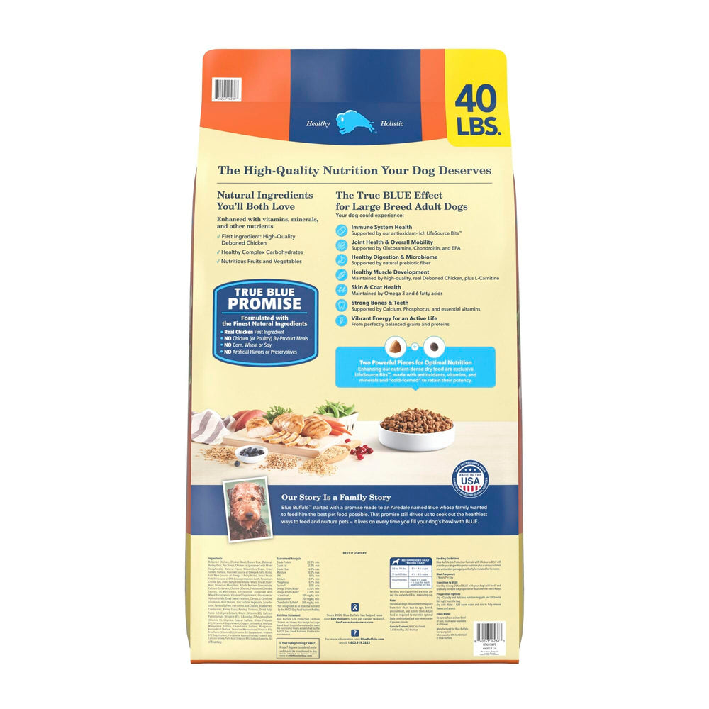 Blue Buffalo Life Protection large breed kibble close-up highlighting high-quality protein.