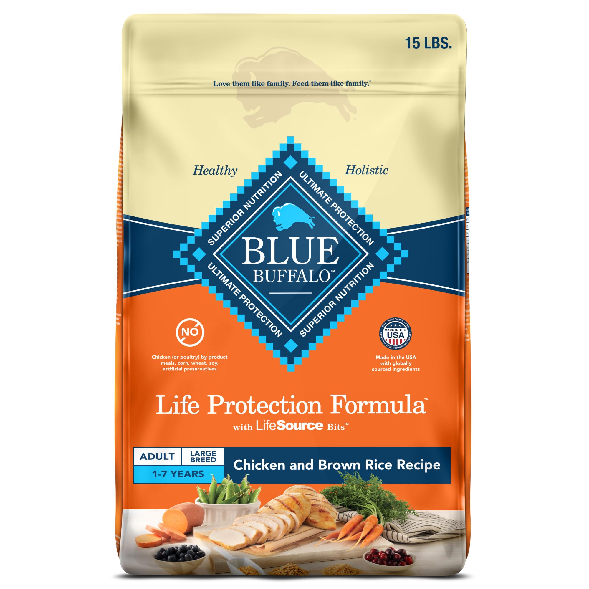 Blue Buffalo Life Protection Large Breed bag front shows real chicken formula for big dogs