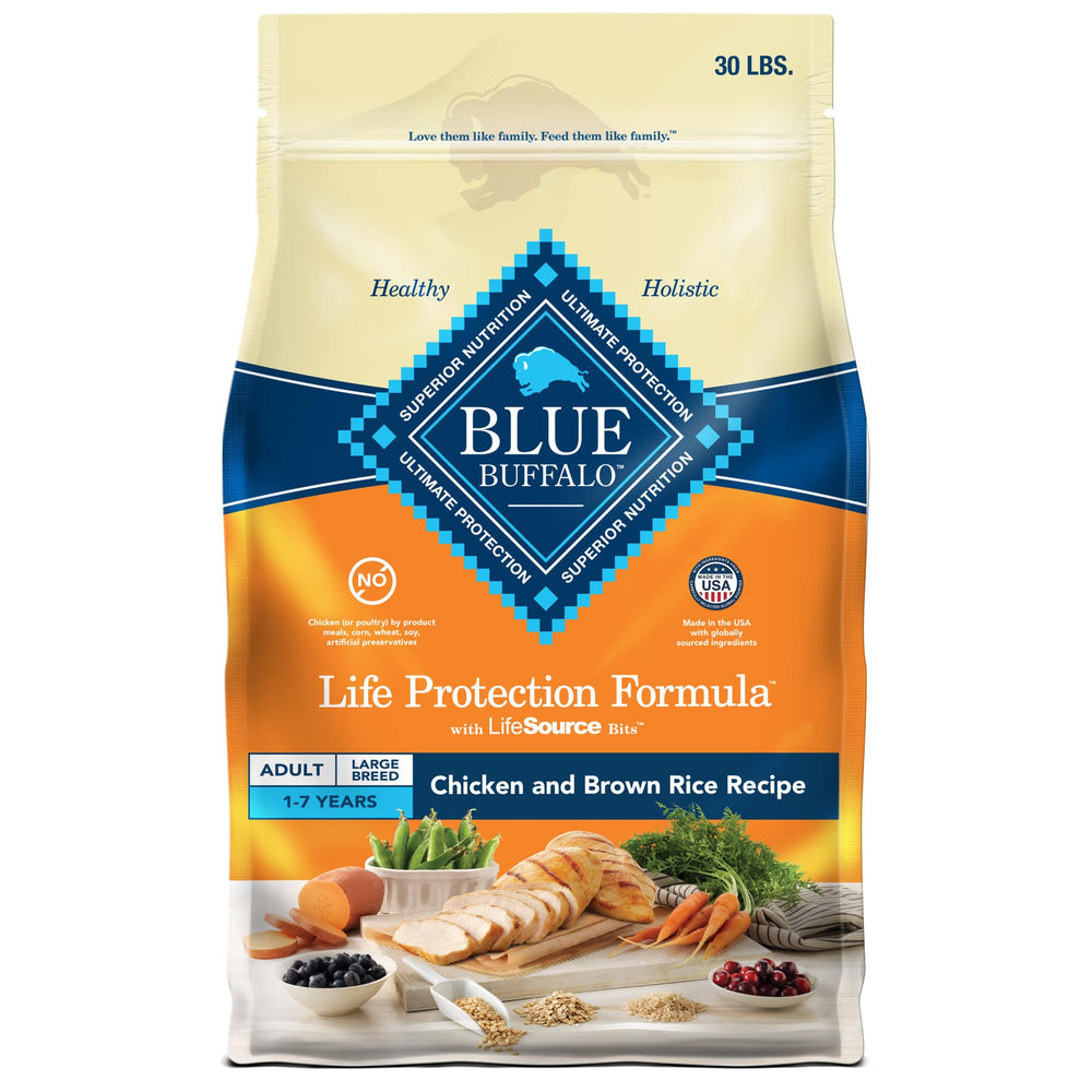 Blue Buffalo Life Protection Large Breed bag shows real chicken first for balanced nutrition.