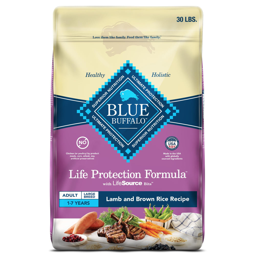 Blue Buffalo Life Protection Large Breed Lamb and Brown Rice bag highlights joint health support and lean muscles.