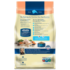 Blue Buffalo Life Protection Large Breed Puppy bag back highlighting DHA/ARA for cognitive and retinal development.