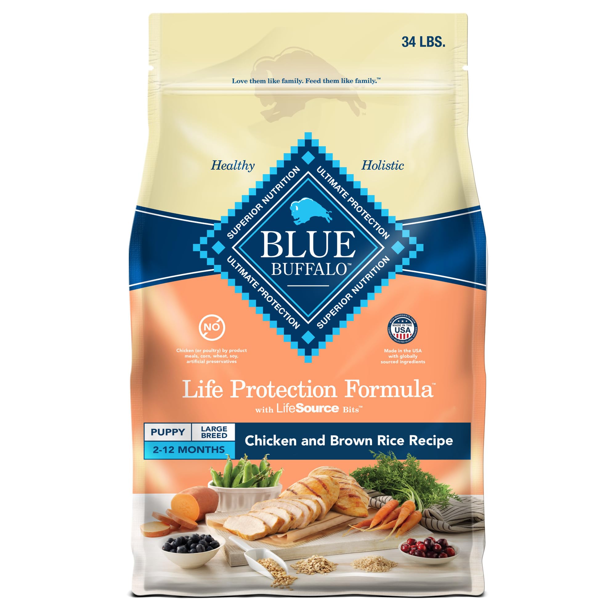 Blue Buffalo Life Protection Large Breed Puppy bag label highlights real chicken nutrition.