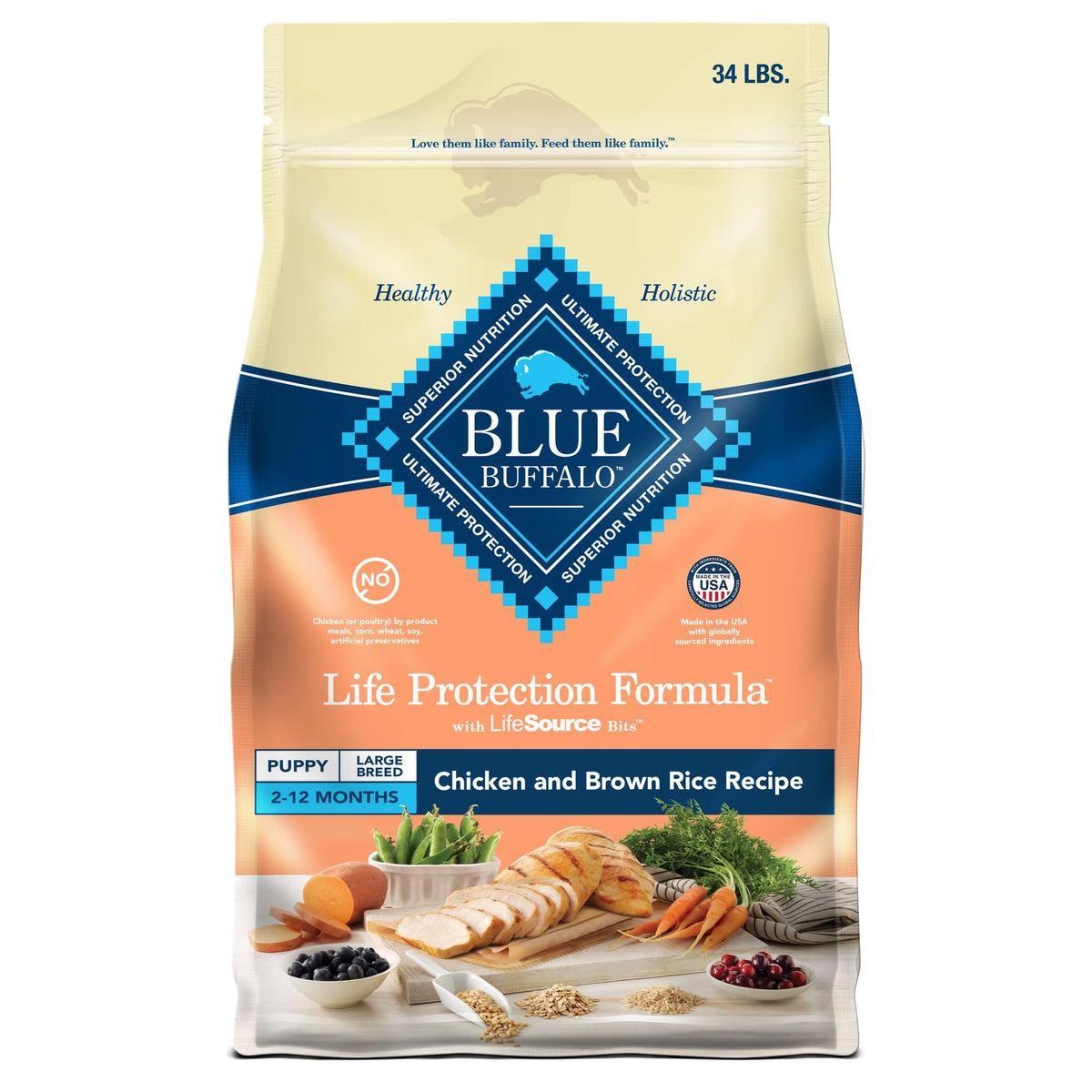 Blue Buffalo Life Protection Large Breed Puppy bag label highlights real chicken nutrition.