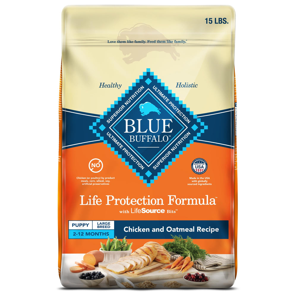 Blue Buffalo Life Protection Large Breed Puppy bag shows real chicken as first ingredient for large breed growth