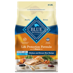 Blue Buffalo Life Protection Senior kibble with real chicken first ingredient for tasty meals.
