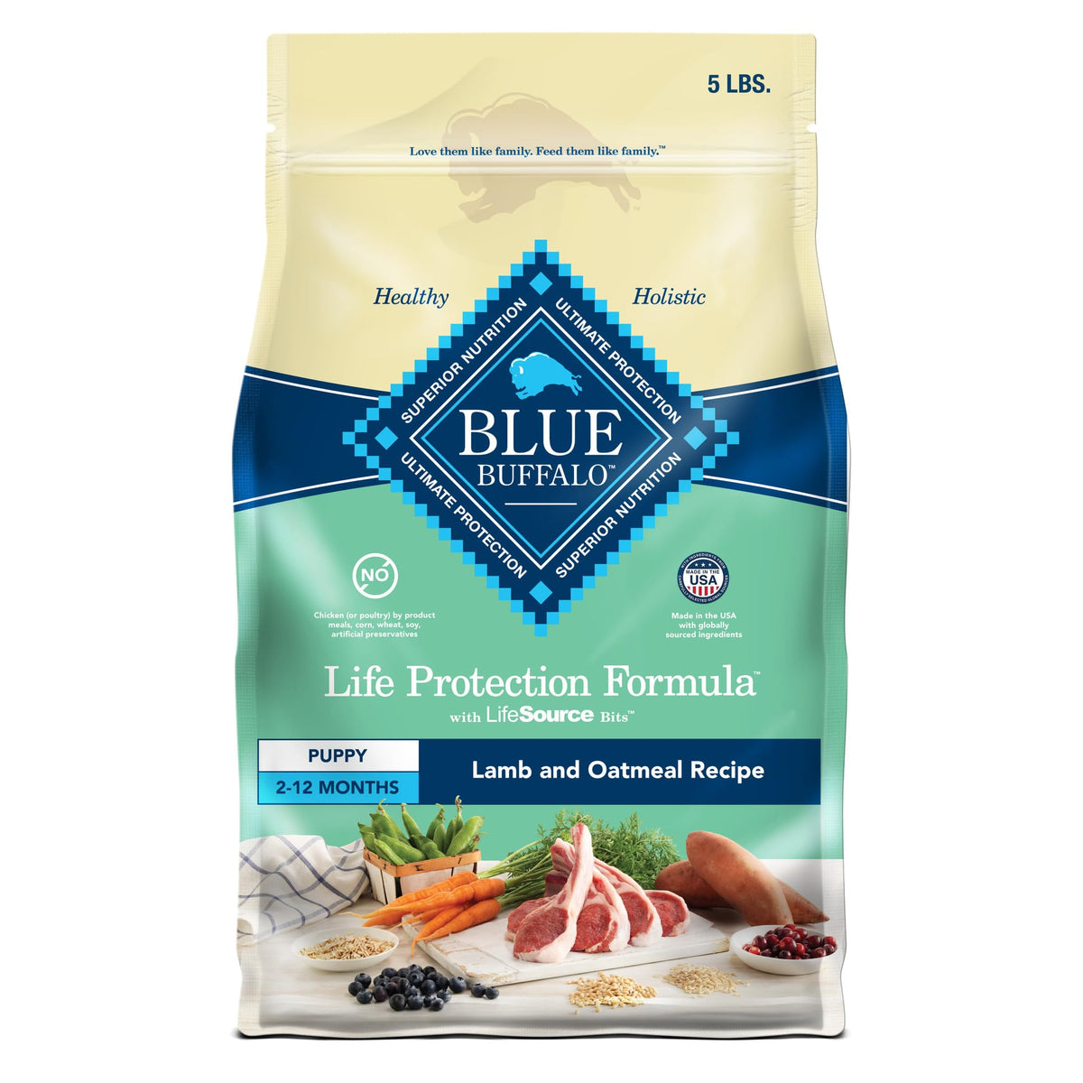 Blue Buffalo Life Protection Puppy Lamb & Oatmeal bag with real lamb first for flavorful protein.