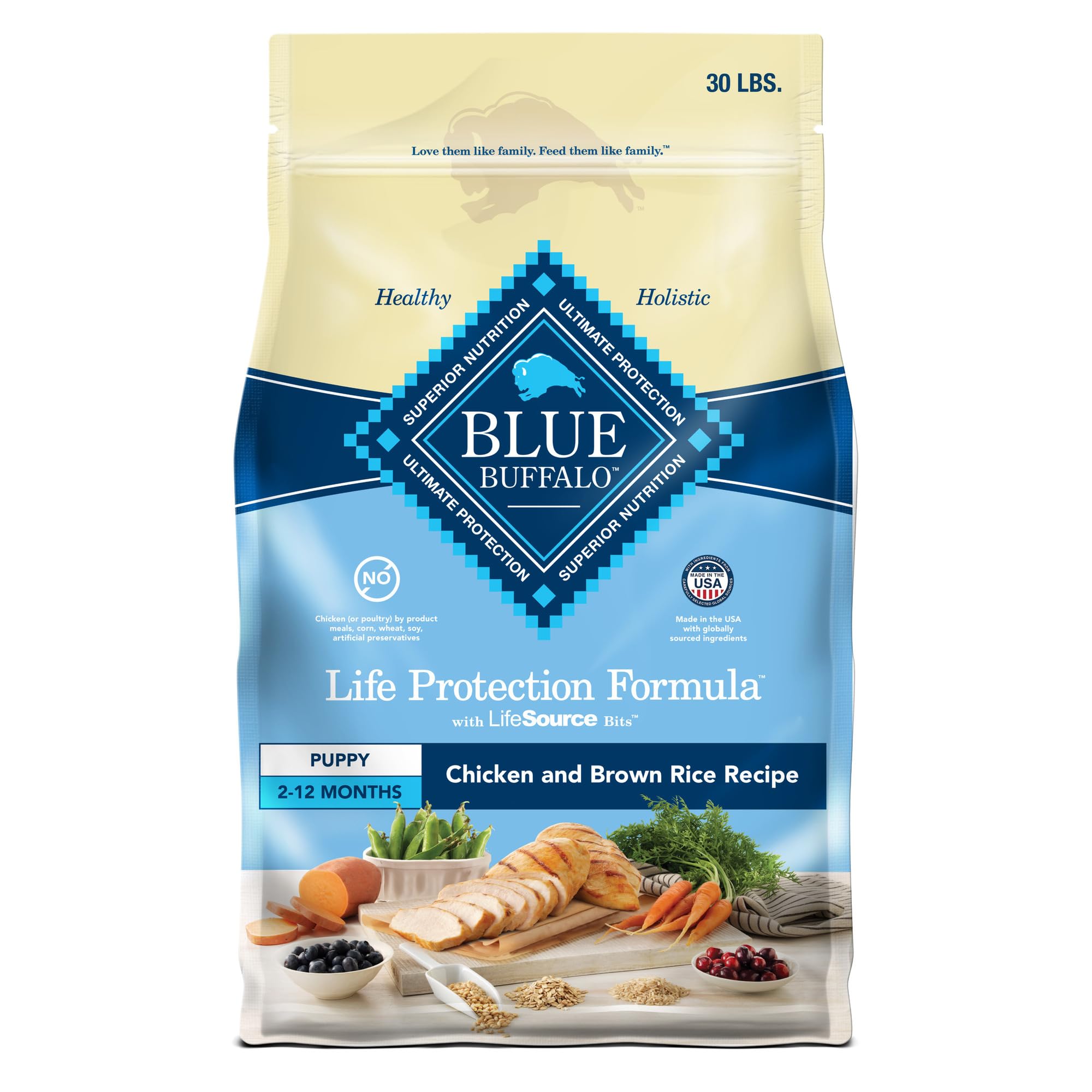 Blue Buffalo Life Protection Puppy bag 30lb front label highlights ingredients