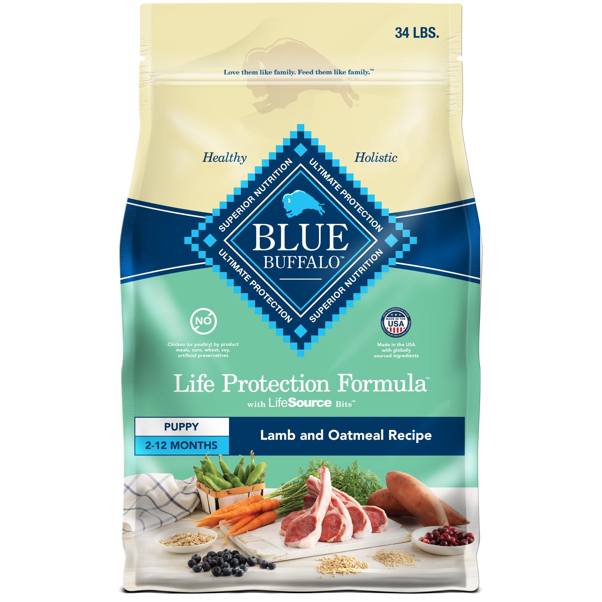 Blue Buffalo Life Protection Puppy Lamb Oatmeal bag front shows real lamb first.