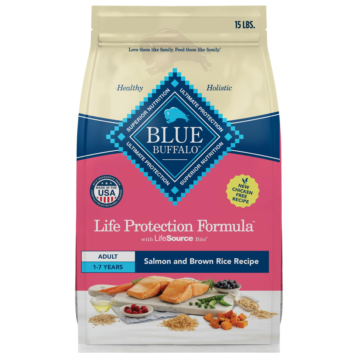 Blue Buffalo Life Protection bag with real salmon first ingredient for high-quality protein.