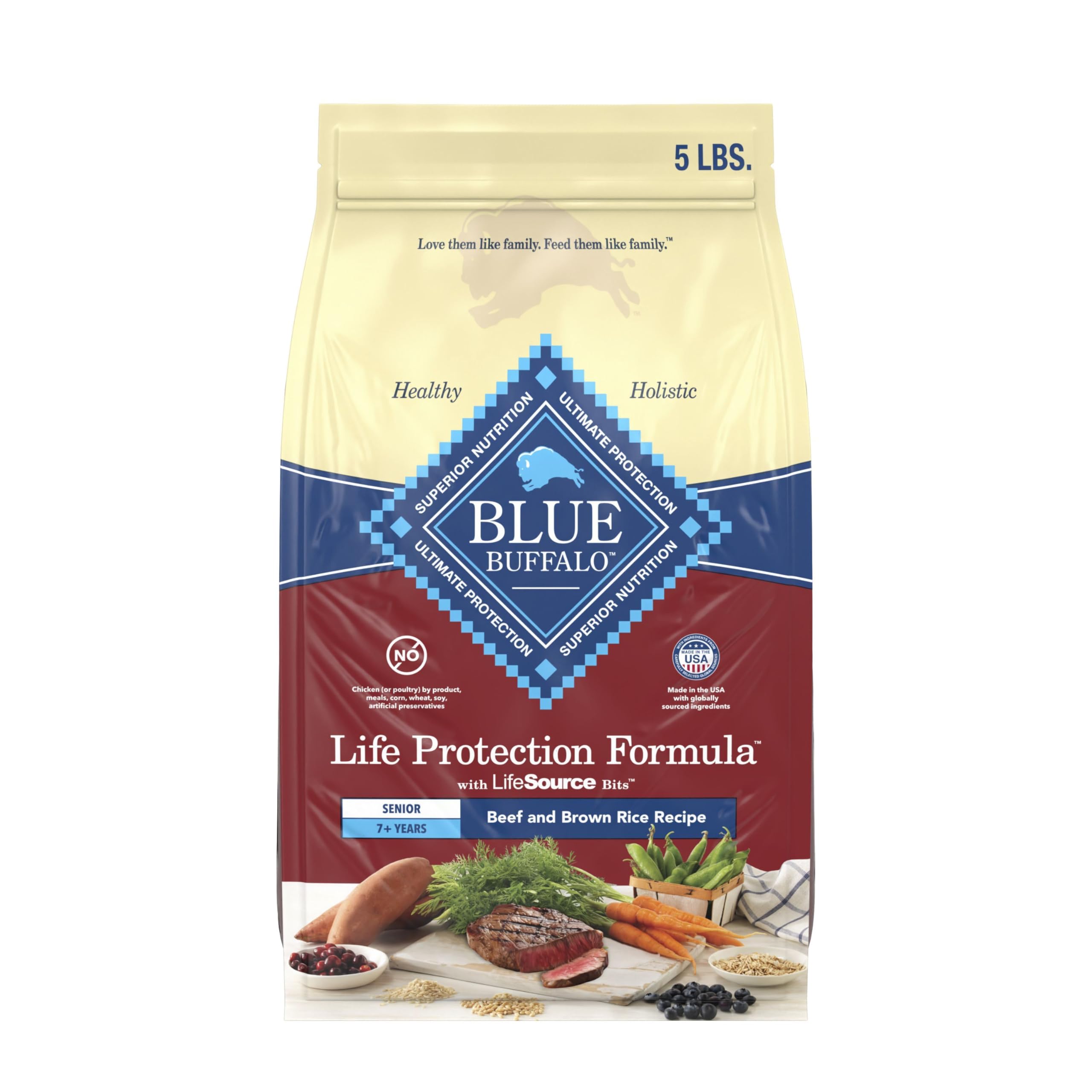 Blue Buffalo Life Protection Senior 7+ dry dog food bag shows quality beef and grains