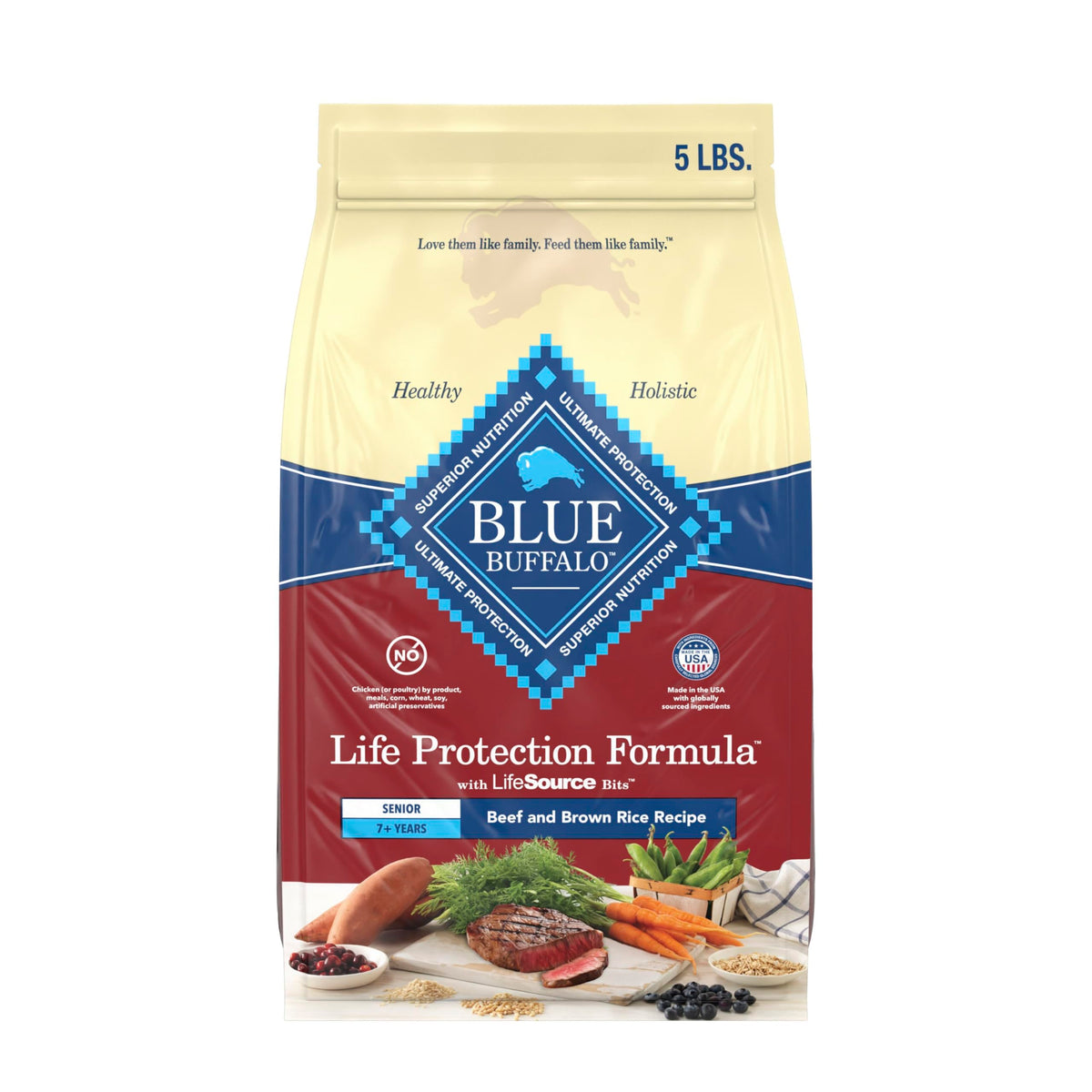 Blue Buffalo Life Protection Senior 7+ dry dog food bag shows quality beef and grains